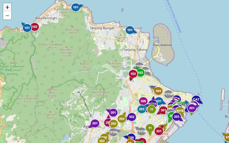 Malaysia Transit: live map of Penang with buses on their routes