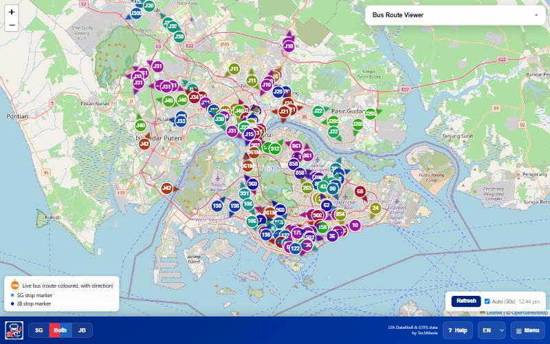 SG-JB Transit: live map of Singapore and Johor Bahru with buses on both sides of the border